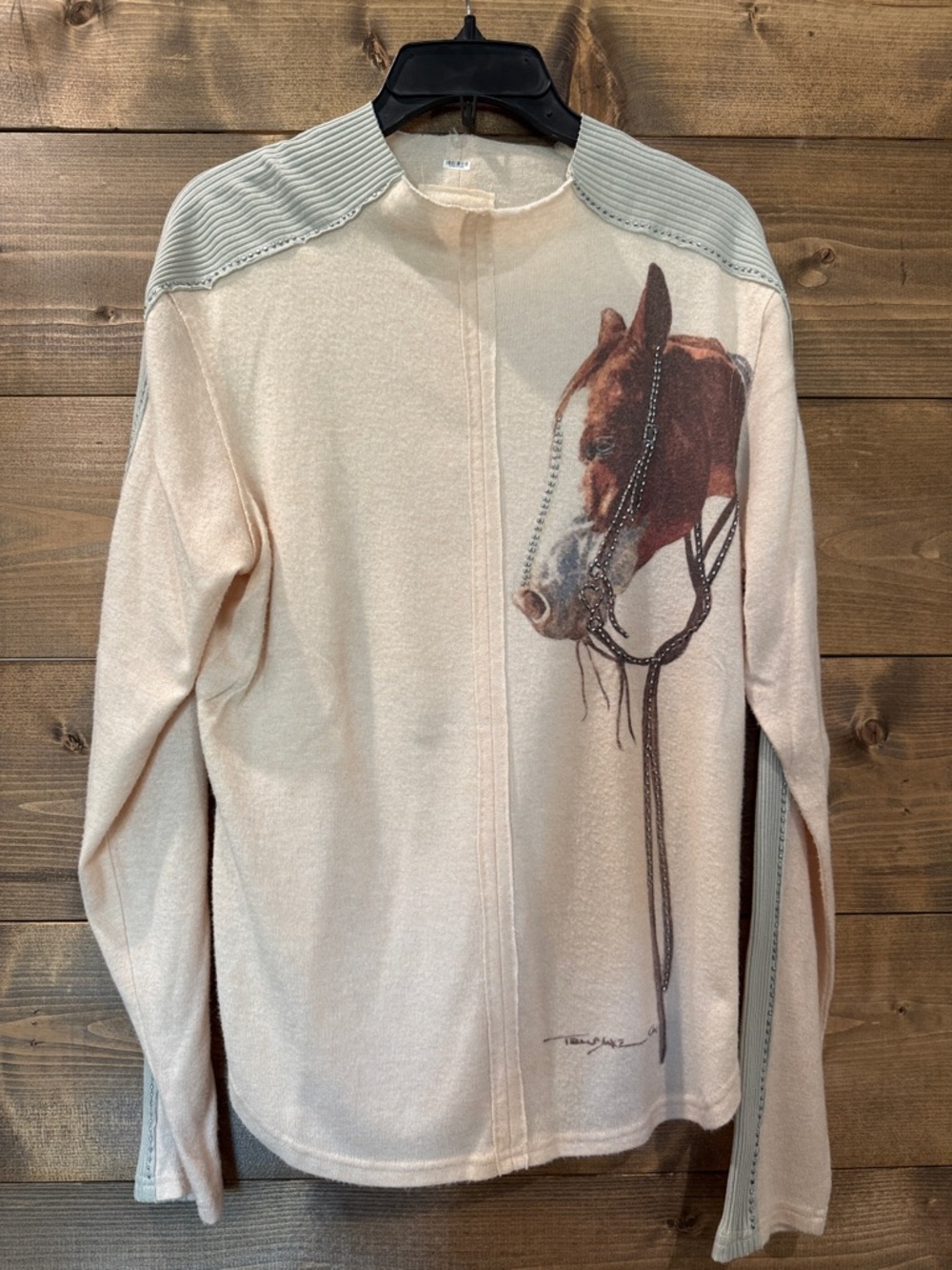 Double D Ranch Cream Crewneck Lightweight Beaded Sweater with Brown Horse Print